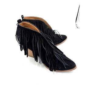 Beast Black Suede Fringe Ankle Heeled Boots, 9